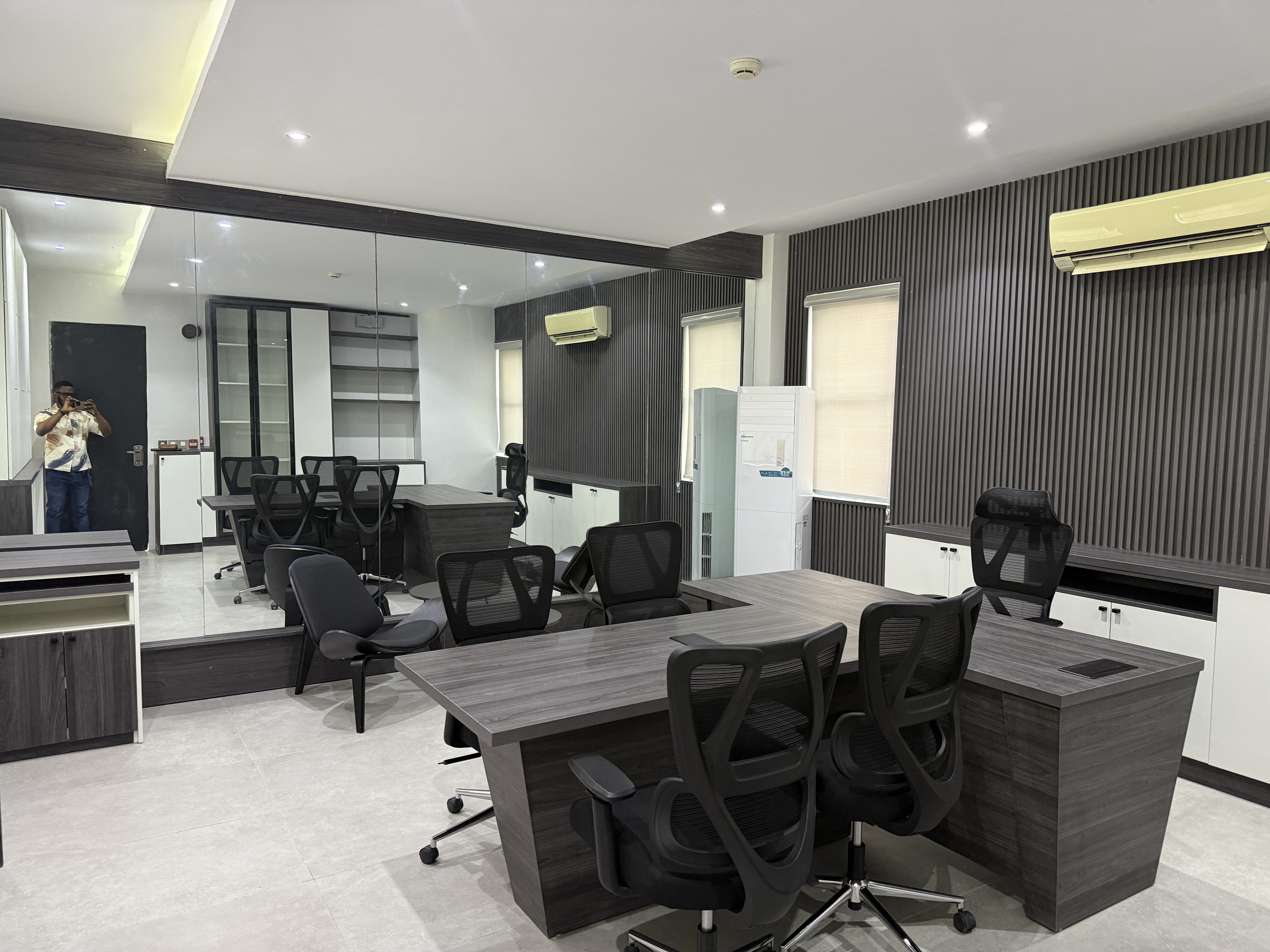 Premium office interior with desks and wall cladding